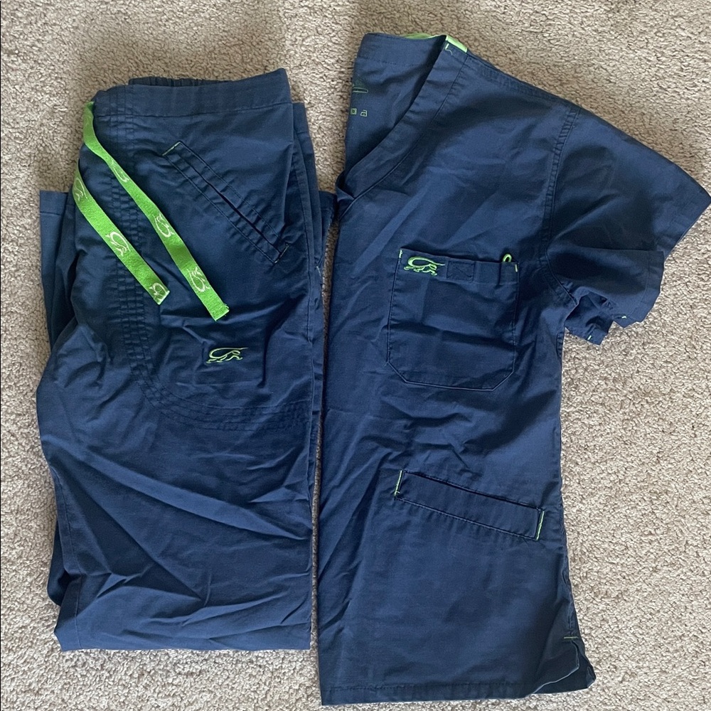 Navy Blue Scrub Set with Green Accents
